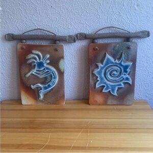 Ceramic and leather Kokopelli and Sun Southwestern Wall Art Artist Signed